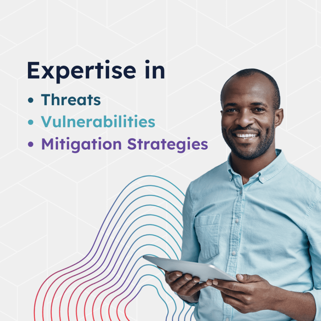 A ShadowHQ male employee holding an electronic tablet smiling at the camera with the following bullet points beside him: "Expertise in threats, vulnerabilities, mitigation strategies".