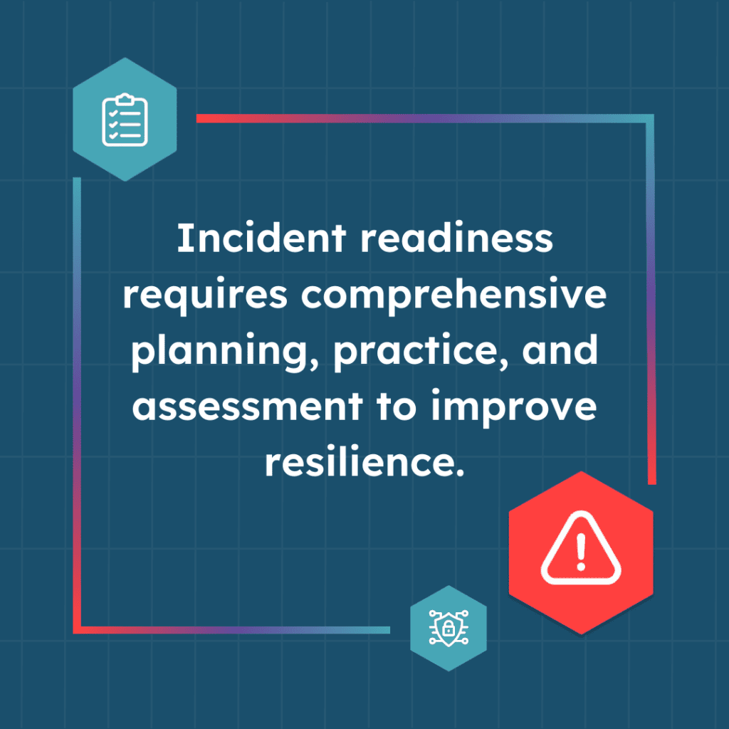 A branded ShadowHQ quote stating "Incident readiness requires comprehensive planning, practice, and assessment to improve resilience."