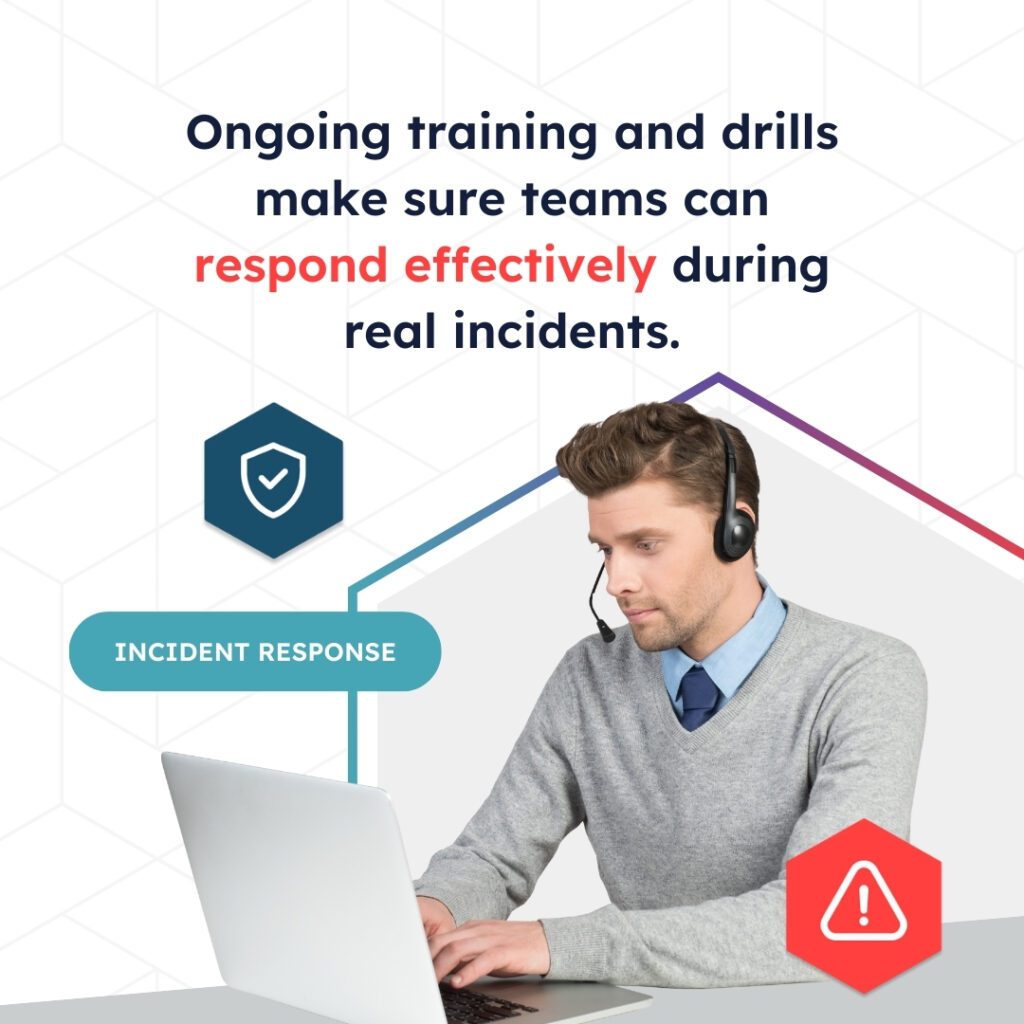 A male ShadowHQ employee looks down at his laptop while wearing a headset, with the branded quote above him: "Ongoing training and drills make sure teams can respond effectively during real incidents."