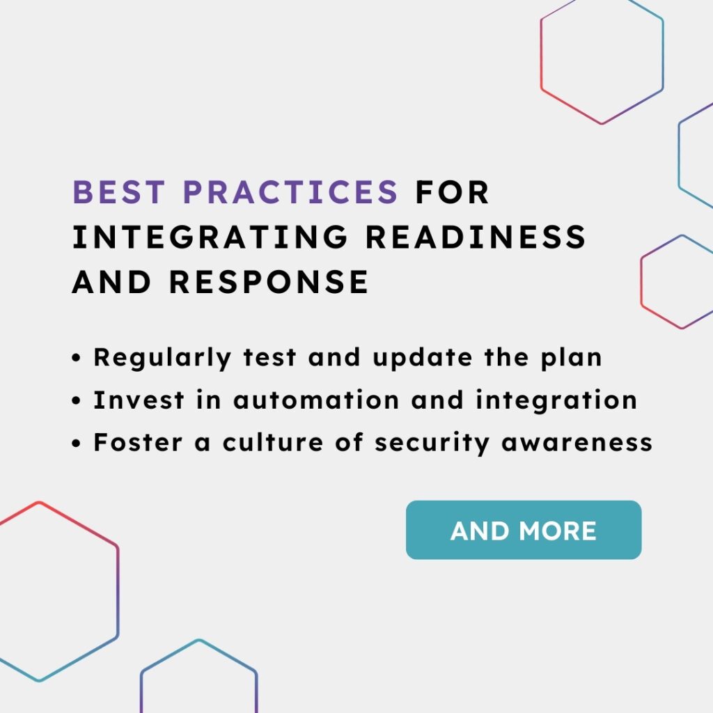 An image of text on a grey background with a colourful hexagon pattern, reading: "Best practices for integrating readiness and response". There's 3 bullet points of text below the title and a "Learn more" icon.