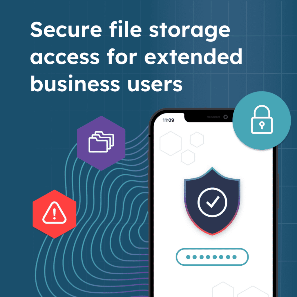 A branded ShadowHQ graphic showing a secure phone with file storage access and a quote that says "Secure file storage access for extended users"